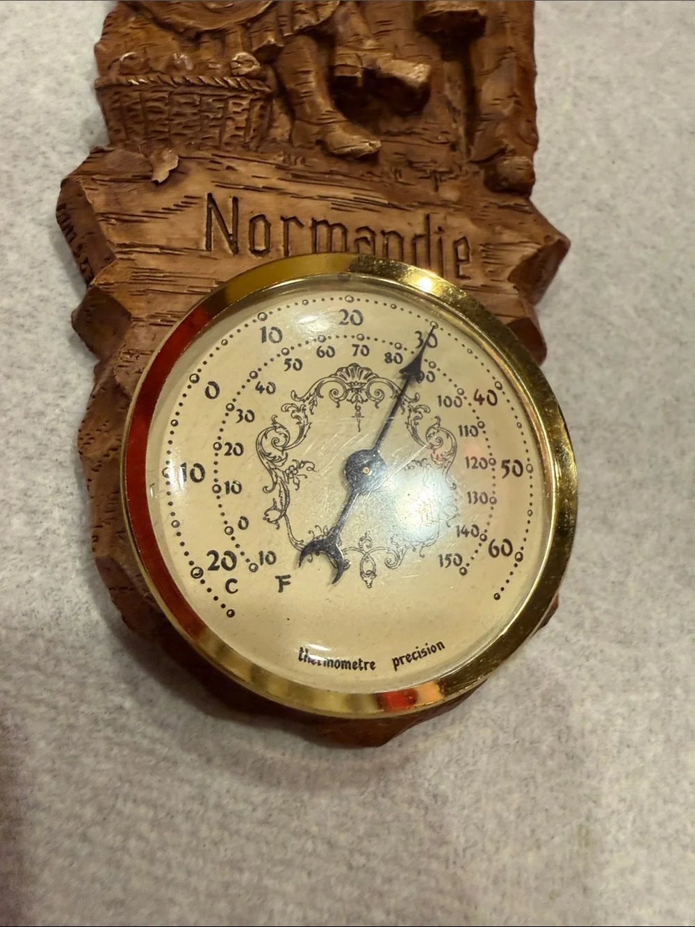 Andie Carved Wood Wall Thermometer Plaque in Brown